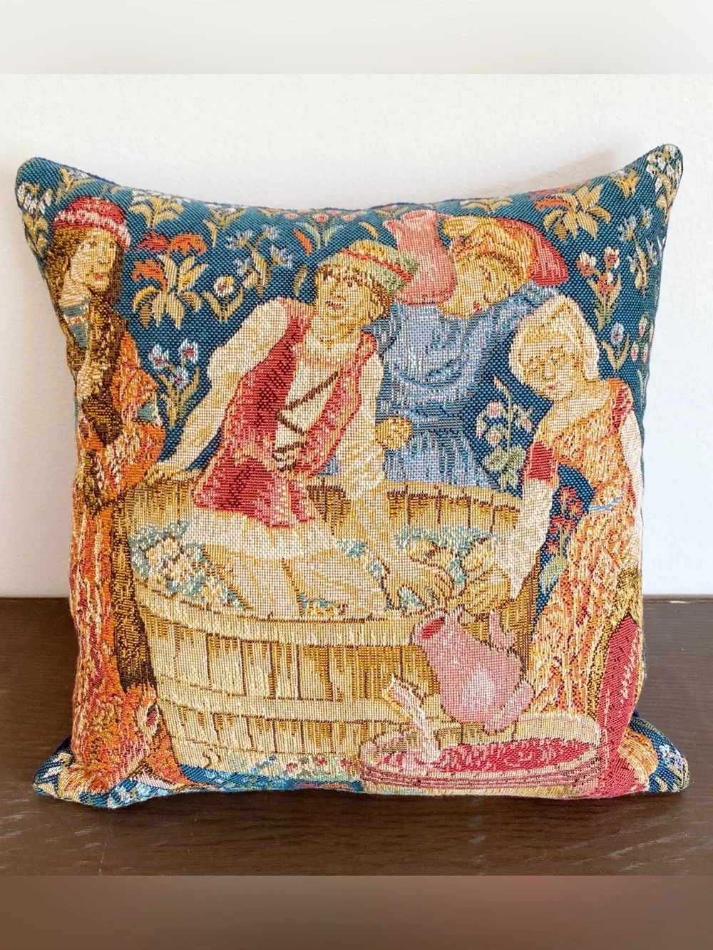 Vintage French Tapestry Pillow Wine Press 12x12 Throw Decorative Velvet Medieval